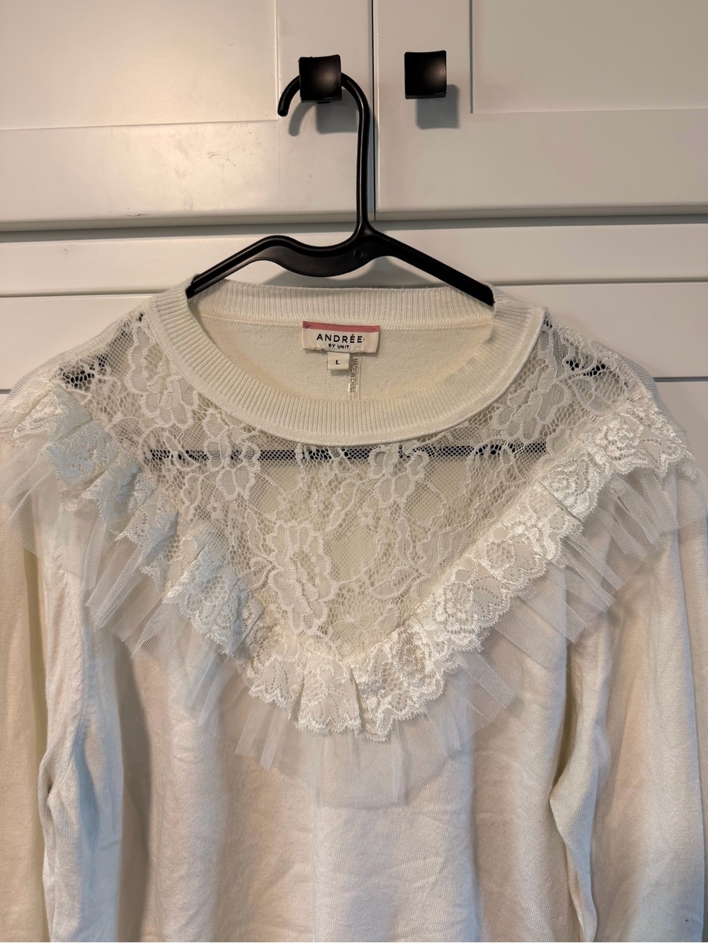 Andree White Lace & Ruffle Yoke Long-Sleeve Top